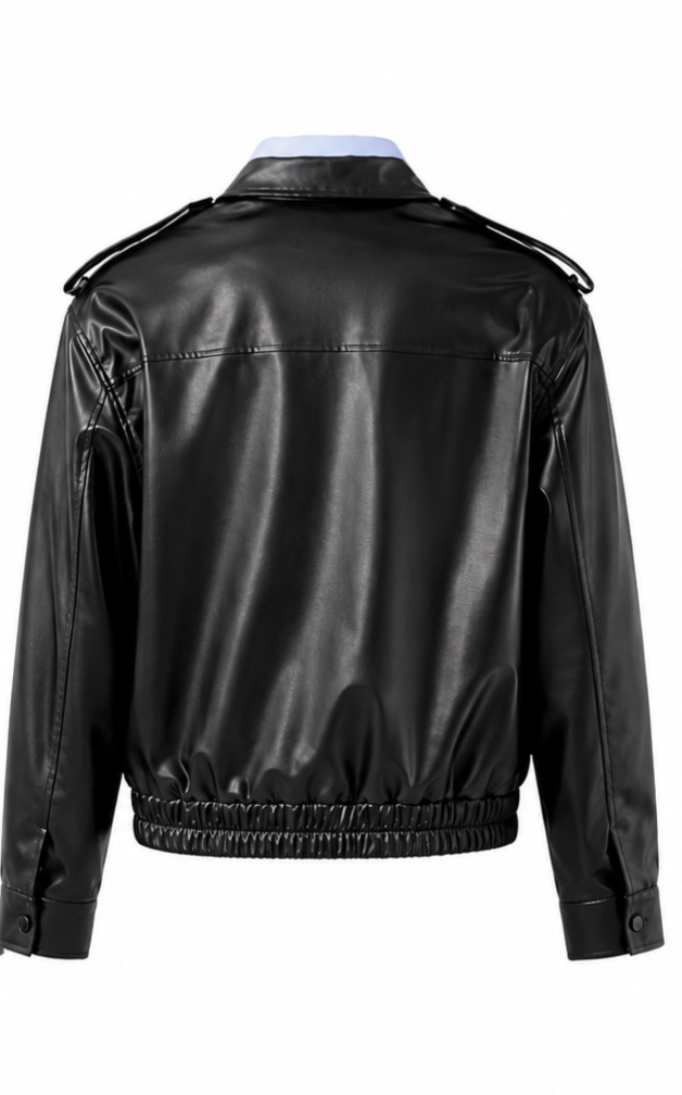 Chaorenbang Faux Leather Bomber Jacket with Shirt Collar