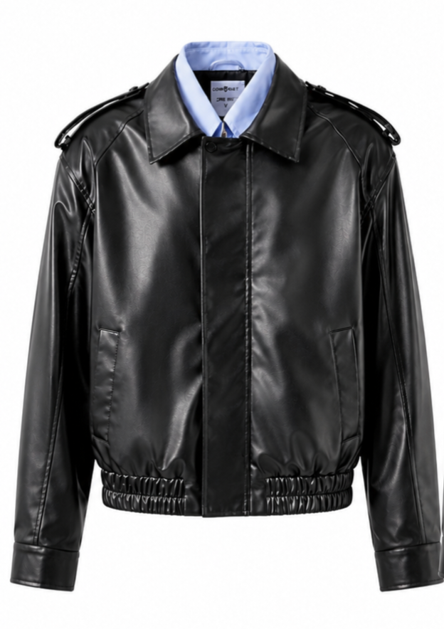 Chaorenbang Faux Leather Bomber Jacket with Shirt Collar