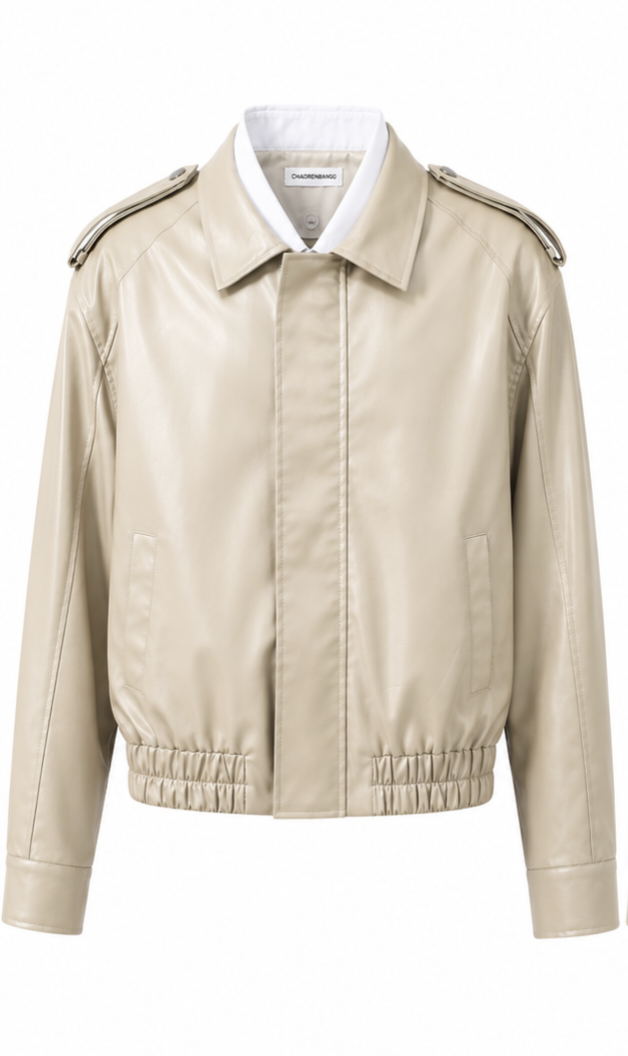 Chaorenbang Faux Leather Bomber Jacket with Shirt Collar