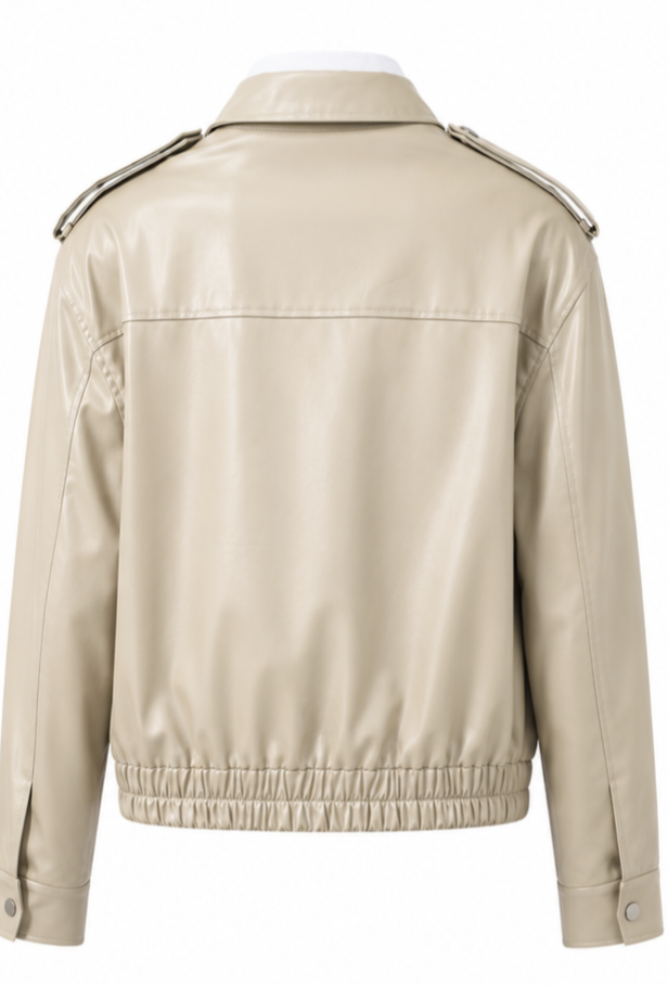 Chaorenbang Faux Leather Bomber Jacket with Shirt Collar