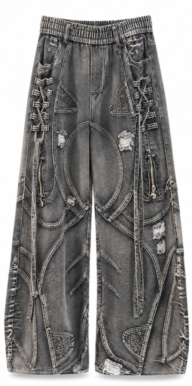 Charcoal Gothic Lace-Up Super Baggy Jeans