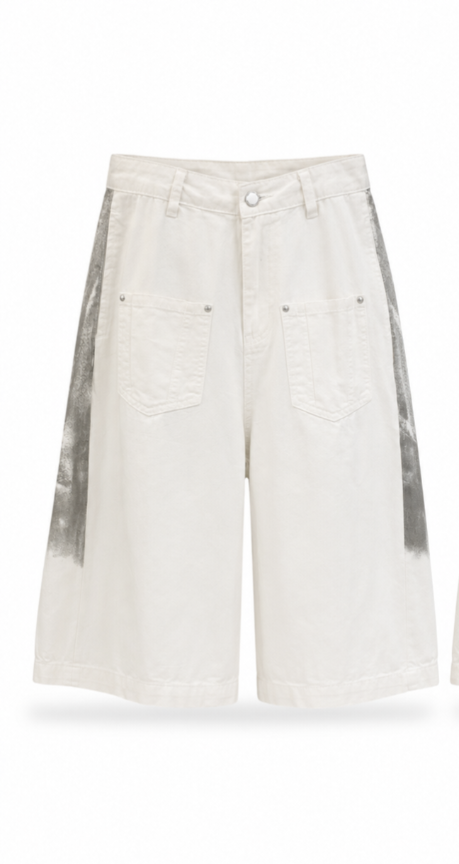 White Abstract Wash Wide-Leg Shorts