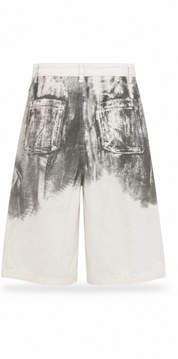White Abstract Wash Wide-Leg Shorts
