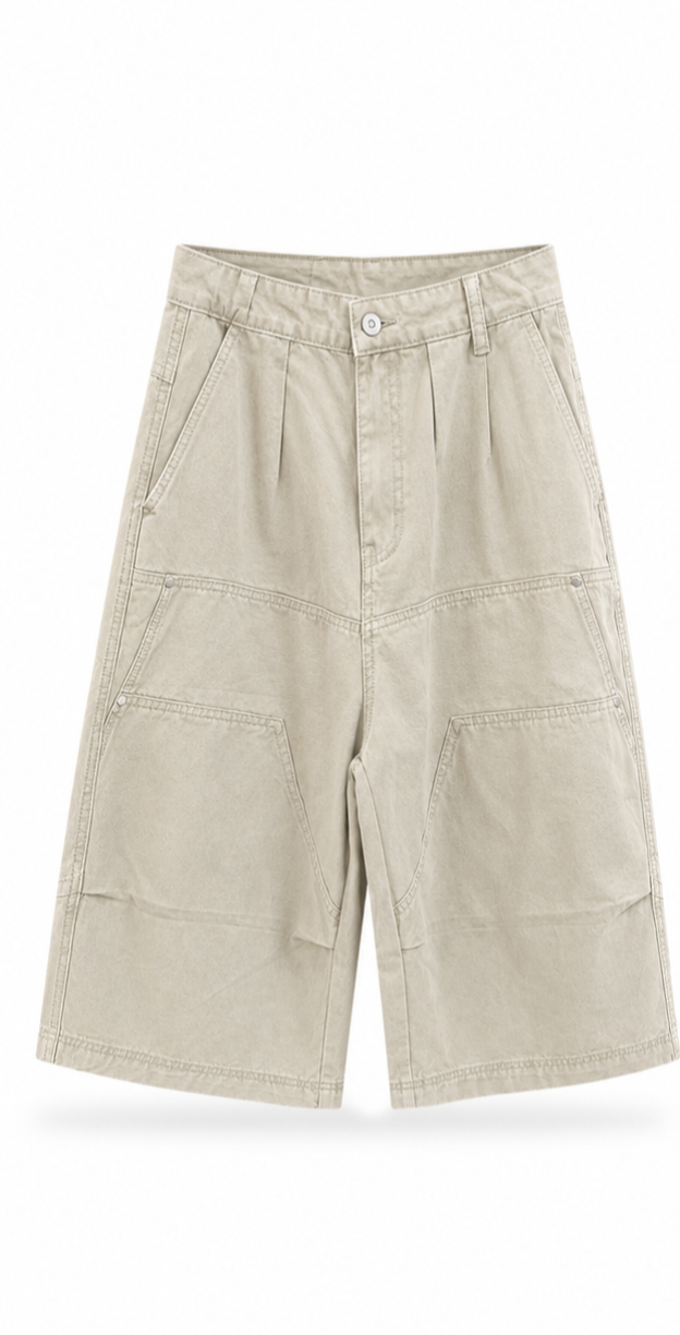 Beige Utility Wide-Leg Shorts