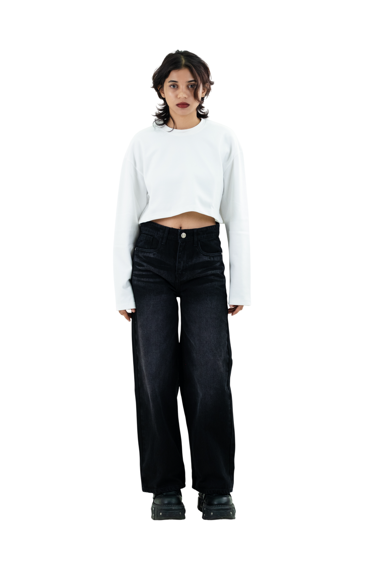 Model wearing black faded jeans by Colin Guest