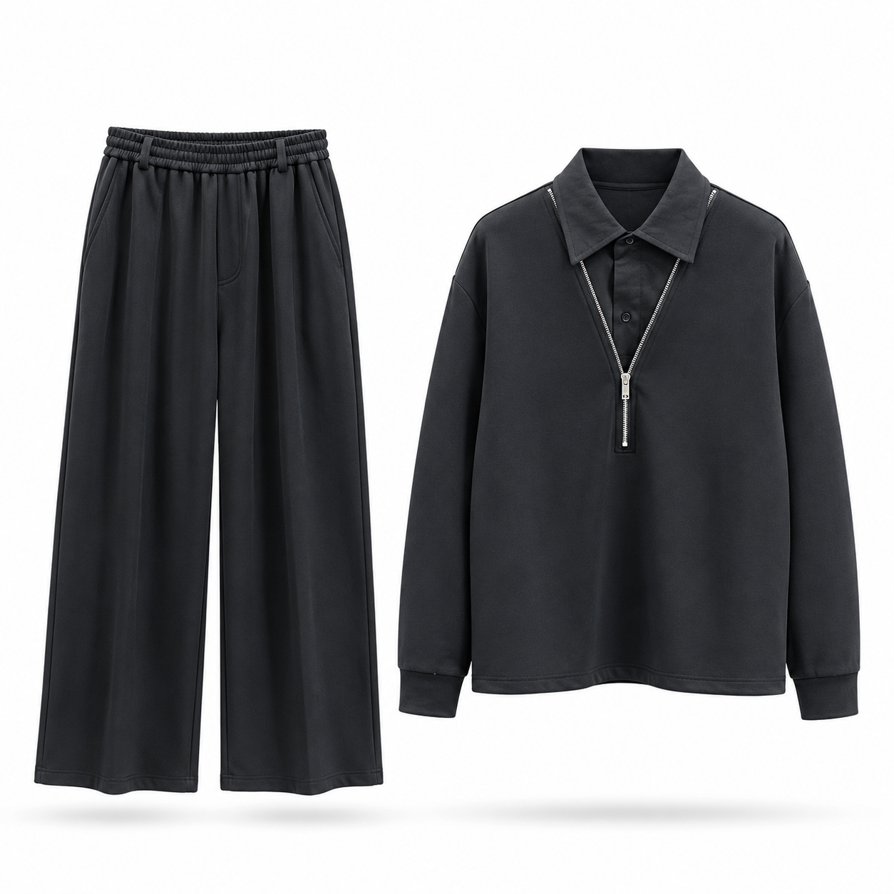 Black Quarter-Zip Collar Co-Ord Set